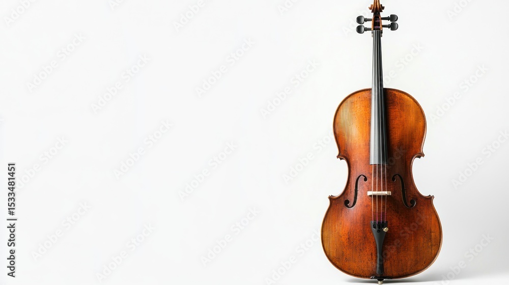 Obraz premium A cello with a dark wooden finish, leaving space for text on the right side, set on a white background