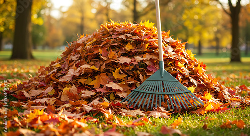 Fototapeta Naklejka Na Ścianę i Meble -  Wooden rake on autumn leaves, fall foliage cleanup concept, close-up of seasonal garden maintenance, colorful maple leaves on the ground, autumn gardening tools scene