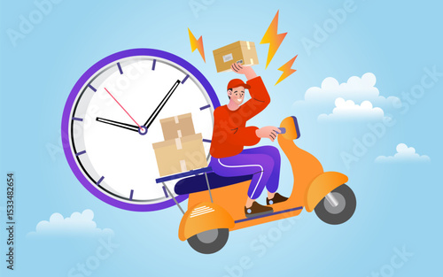 Concept for a fast and punctual express delivery service. A courier on a scooter races against a clock, symbolizing speed, efficiency, and on-time delivery for every package.