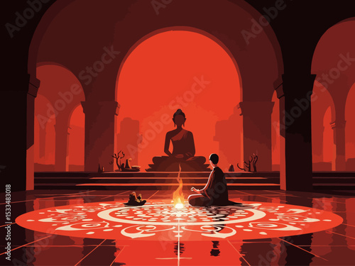  buddhist monk making mandala, beautiful image with surreal light in the temple