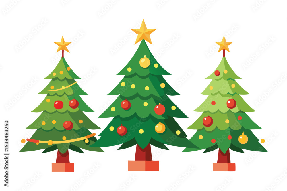 Three Christmas Trees Decorated with Baubles and a Star on Top Isolated Three Christmas Trees Decorated with Baubles and a Star on Top Isolated
