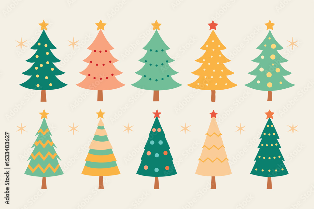 Obraz premium Colorful Christmas Trees with Stars and Ornaments in a Fun and Festive Holiday Pattern