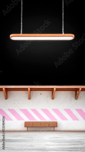 Suspended Orange Light Above a Pink Striped Bench