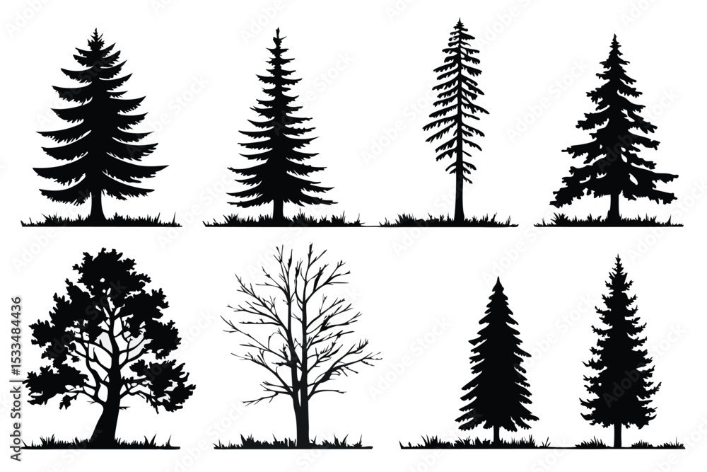 Obraz premium Silhouetted Trees Vector Illustration Variety of Deciduous Evergreen and Bare Trees in Black and White