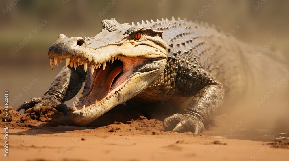 Obraz premium A nile crocodile with mouth open on warm day riverbank background nature photography wildlife environment close-up view