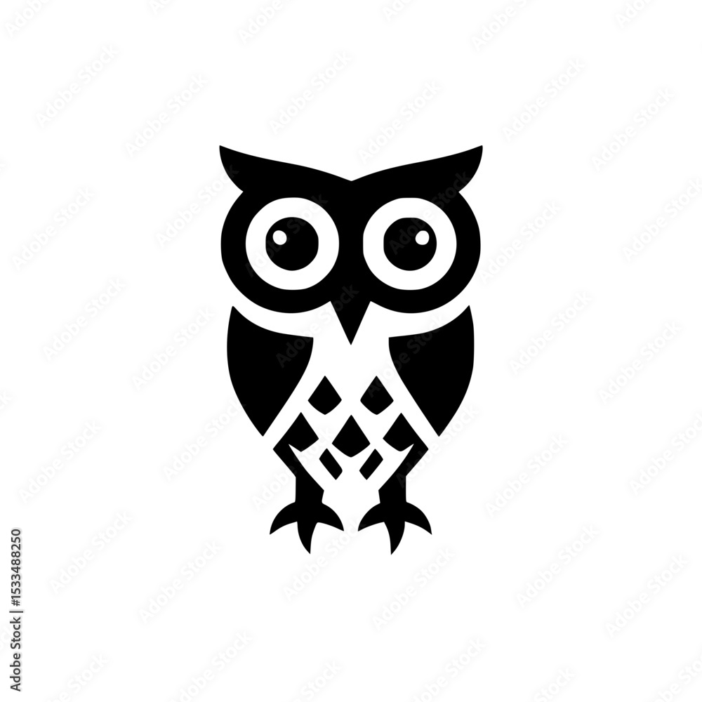 Naklejka premium Geometric black owl icon on white background, Minimalist black owl design with symmetrical shapes and bold lines, symbolizing wisdom, knowledge, or night, in modern style.