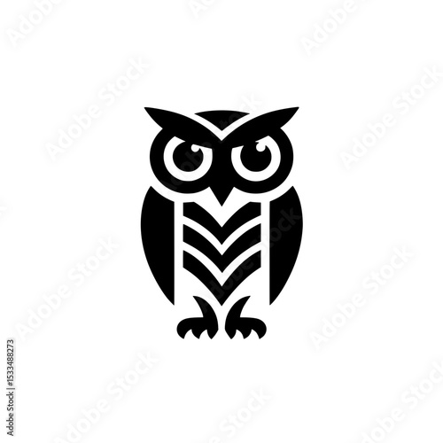 Geometric black owl icon on white background, Minimalist black owl design with symmetrical shapes and bold lines, symbolizing wisdom, knowledge, or night, in modern style.

