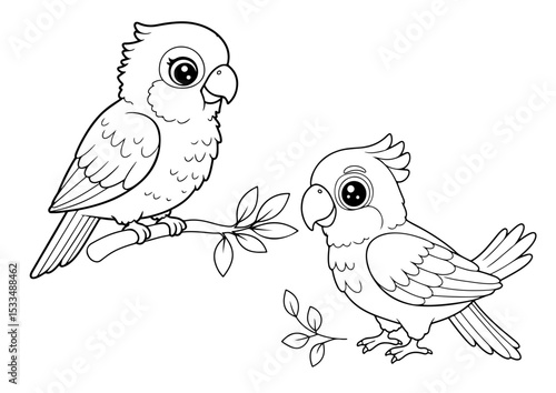 cute parrot cartoon outline line art vector illustration for coloring page for chidren's kids, transparent background