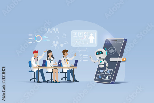 Doctors team studying and searching medical data with smart assist from AI chat robot technology. Artificial intelligence technology in medical school education.