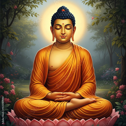 This image is a detailed, high-resolution depiction of Lord Gautam Buddha as an Indian lord, seated in a meditative pose under a Bodhi tree.