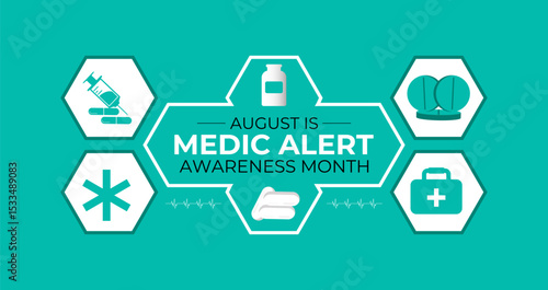 Illustration on the theme of Medic Alert Awareness Month. Promote Emergency Medical ID Safety. Creating for web banner, cards, prints, social media, poster, flyer and background design template.
