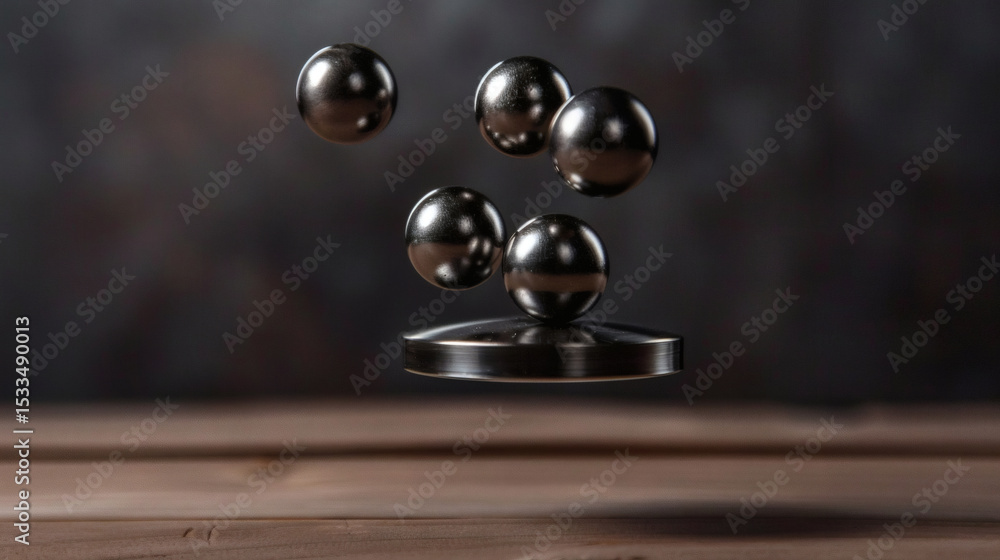 Naklejka premium Strong rare-earth magnet levitating metallic spheres in midair, demonstrating magnetic force and physics concept, science experiment or educational demonstration.