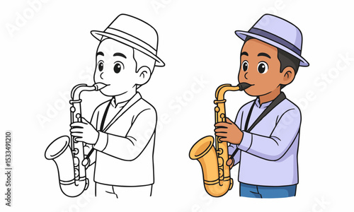 male saxophonist with hat performing to play saxophone coloring page for kids