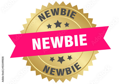 newbie. newbie round pink and gold label isolated on transparent background