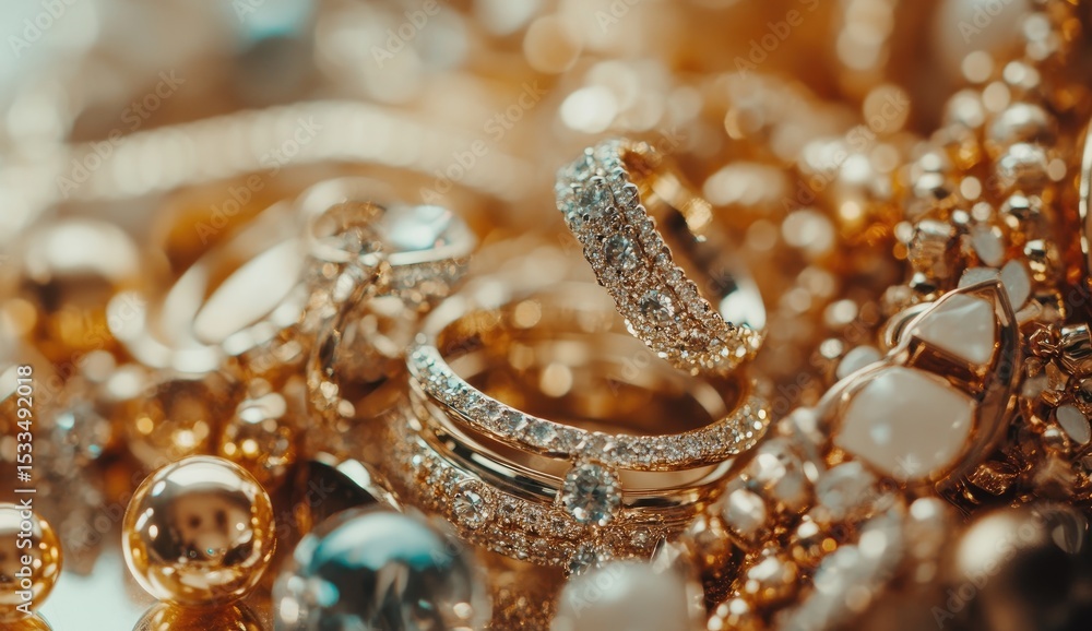 High-Detail Shot of Gold Bracelets, Rings, and Chains High-Detail Shot of Gold Bracelets, Rings, and Chains