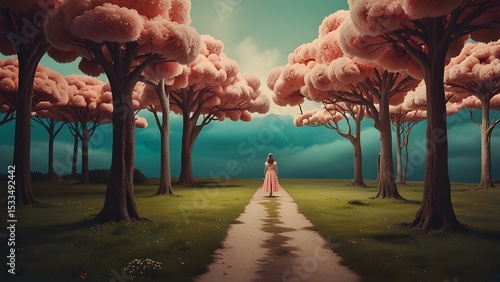 A woman in a pink dress walks down a path lined with trees with pink foliage. The sky features a dramatic mix of blue and green hues.