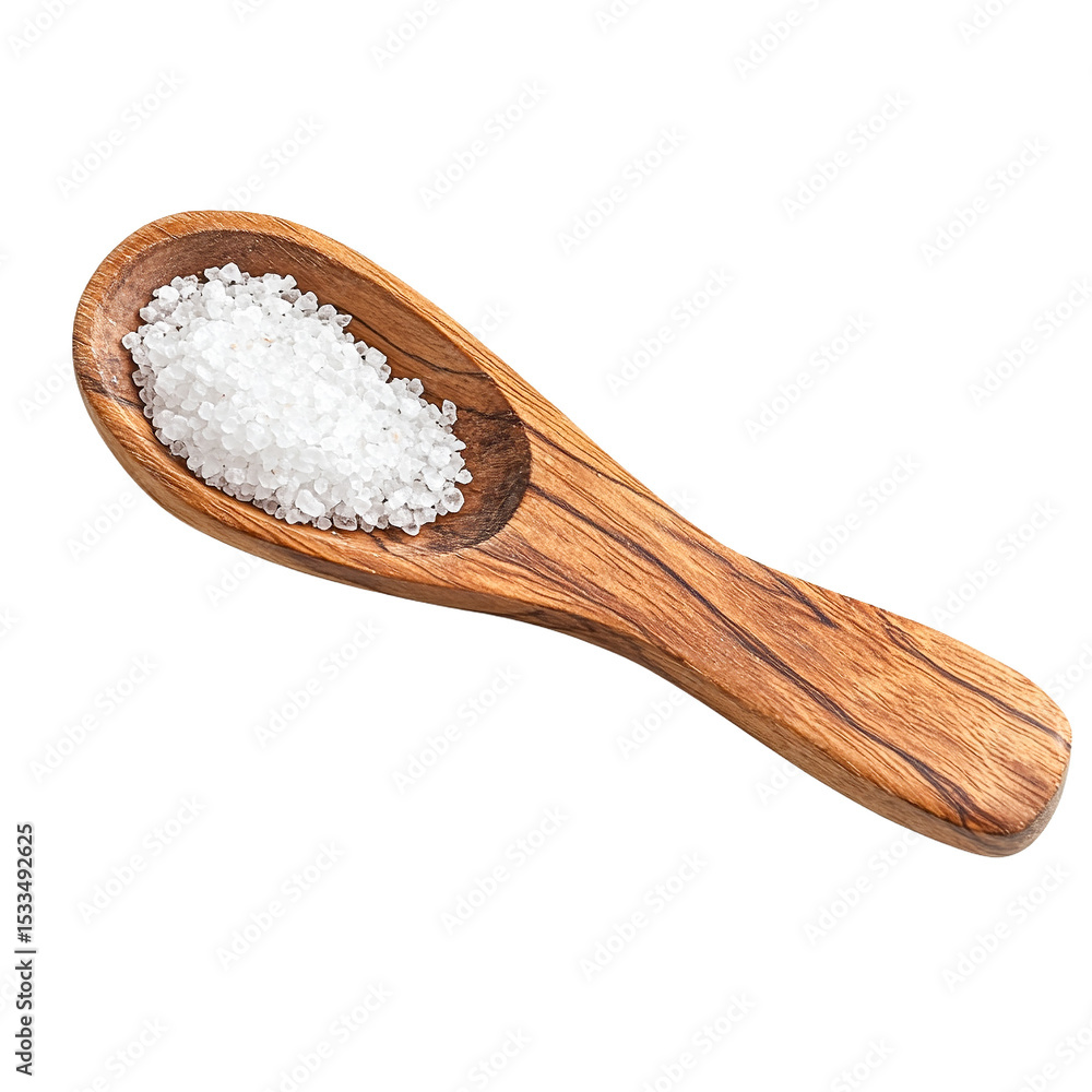 Coarse sea salt crystals in a rustic wooden spoon, transparent background, overhead view, food photography, seasoning, ingredient, culinary, kitchen, white, brown, texture Coarse sea salt crystals in a rustic wooden spoon, transparent background, overhead view, food photography, seasoning, ingredient, culinary, kitchen, white, brown, texture
