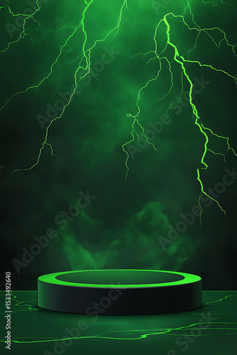 Dramatic green lightning striking in a dark stormy sky above a circular podium with smoke