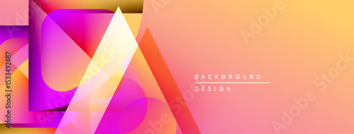 Abstract geometric shapes overlap, creating vibrant color gradients. Warm tones dominate right side, cool hues left. Modern design element.