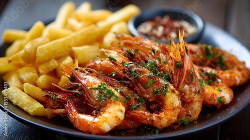 Delicious Plate of Crispy Fried Shrimp with Golden French Fries and Seasoning