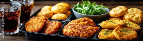 Processed meals contain greasy calories and salty soda taste concept. Delicious assortment of fried snacks with drinks and green salad.