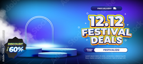 12.12 December festival Shopping day Sale discount deals dynamic mix blue gradient Editable text effect Horizontal banner Promotion template