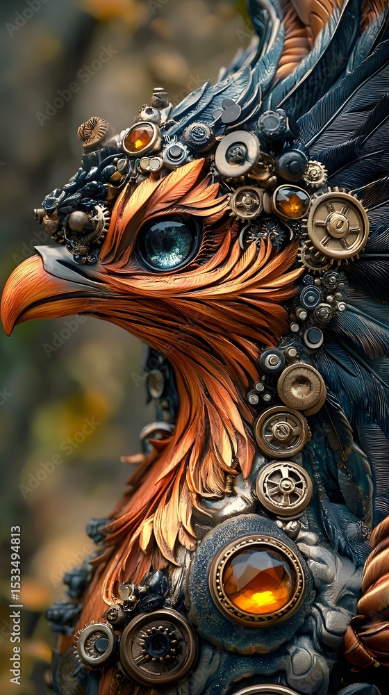 Fototapeta premium Close-up of a jeweled mechanical phoenix with intricate gears and gems