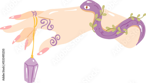 Mystical Hand with Purple Snake and Crystal Pendant