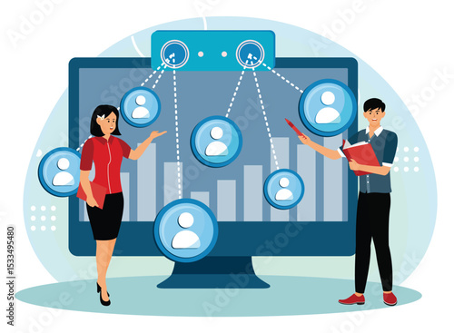 People counter system concept. Professionals count the number of people using computers.