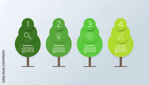 4 circle tree infographic template with business icons