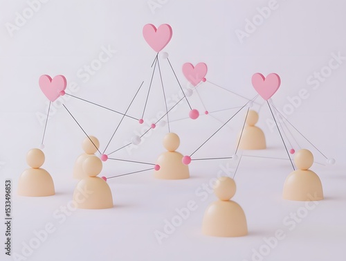 3D rendering of social network connection with people and heart icons on white background