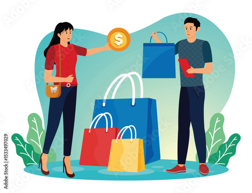 Face-to-face sales strategy. Man and Woman Shopping with Bags and Dollar Symbol.