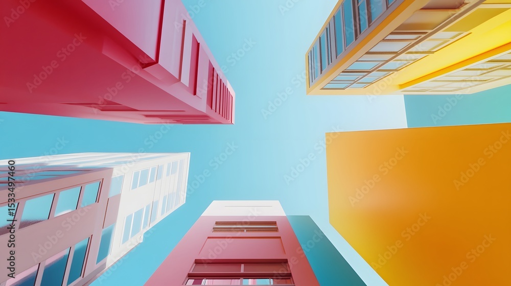 Colorful 3D city buildings viewed from below against a clear blue sky Colorful 3D city buildings viewed from below against a clear blue sky