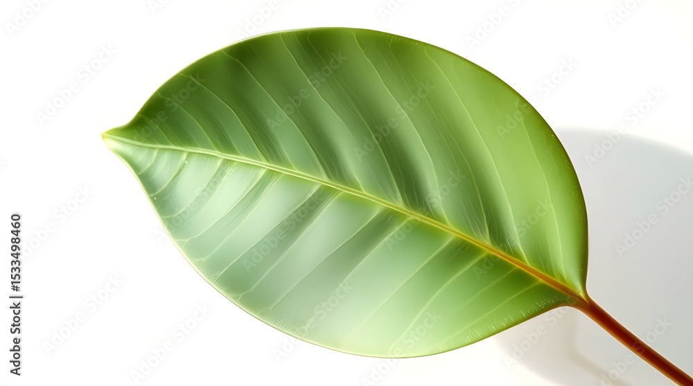 Fototapeta premium A single, vibrant green leaf is captured against a plain white background, showcasing its detailed veins and smooth surface. The leaf's natural curvature is highlighted by the light