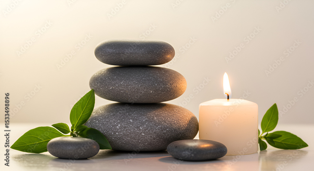 Obraz premium Peaceful Spa Setting with Stones, Candle, and Leaves