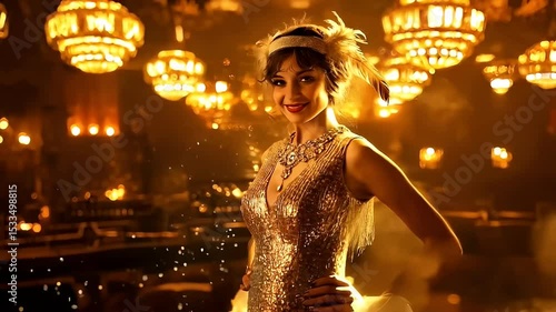 1920s flapper smiles in smoky jazz club