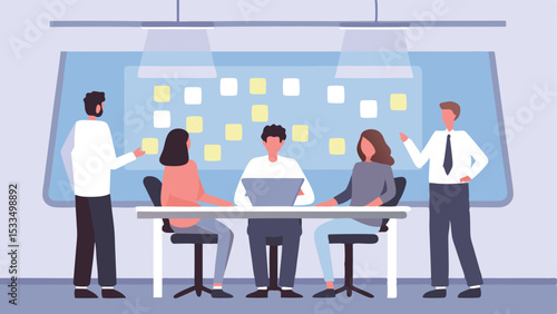 Group of people in a meeting room discussing ideas with sticky notes on a board in the background