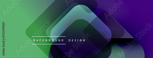 Abstract geometric shapes overlap, creating vibrant gradient effect. Modern design utilizes green, purple hues. Minimalist style.