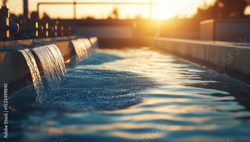 Desalination Concept at Sunset with Water Flow into Blue Pool