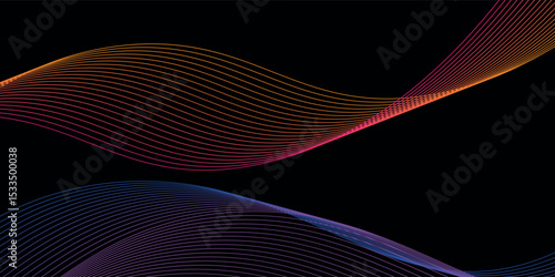 Smooth neon sound wave on black background. Abstract flowing wavy lines design for ai concept,equalizer, audio record, voice assistant. Blue pink orange purple vector eps10