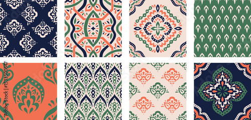 Collection of Moroccan style seamless pattern. Creative mediterranean interior design. Ethnic ornament swatch set. Azulejos tiles vector illustration. Modern Spanish talavera.