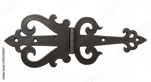 Ornate metal hinge with decorative scrollwork isolated on white background