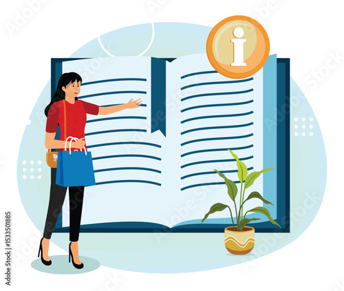 Consumer information concept.  Woman Presenting an Open Book with Information.