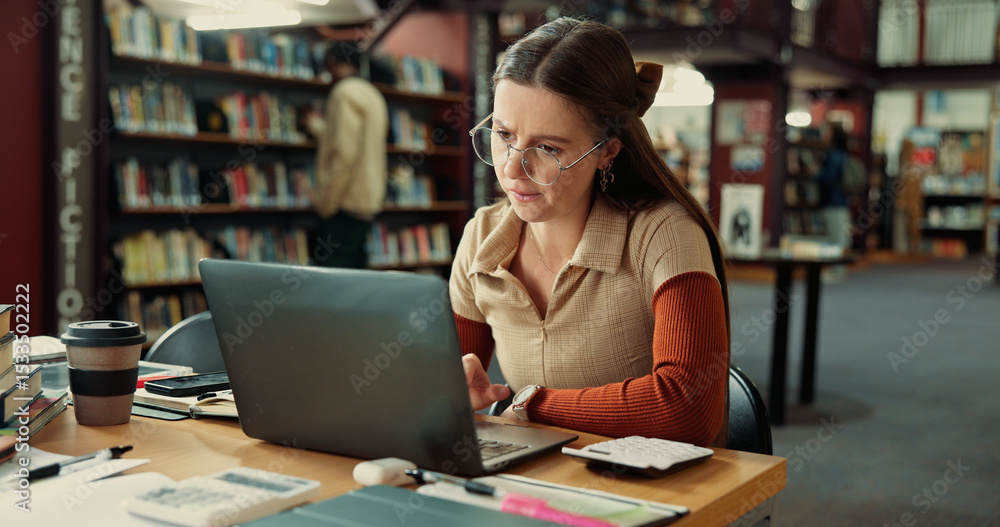Laptop, research and college with woman in library for education, future and student life. Assignment resources, online portal and study habits with person on campus for scholarship application Laptop, research and college with woman in library for education, future and student life. Assignment resources, online portal and study habits with person on campus for scholarship application