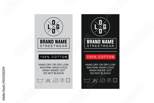 Streetwear Clothing Label Template. Editable Cotton Apparel Tag with Wash Care Symbols for Fashion Branding
