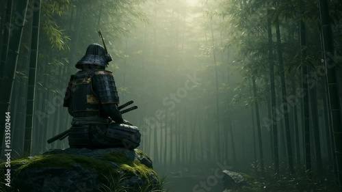 Meditating Samurai Warrior on Mossy Rock in Misty Bamboo Forest