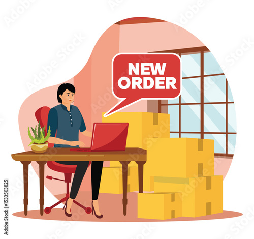 Receiving orders online concept. Smiling woman managing Online Orders.