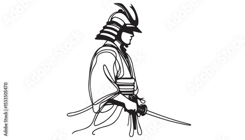 Continuous one single minimal line drawing Samurai