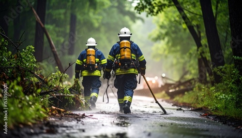 Firefighters in a forest after a storm