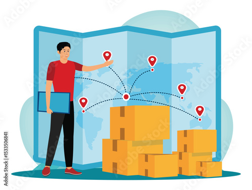Shipping information concept.Global Delivery Logistics with Courier, World Map, and Package Boxes